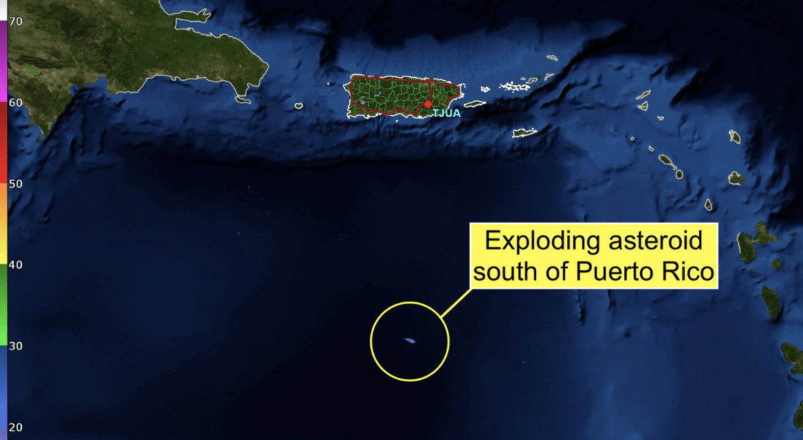 Car-size asteroid explodes in the atmosphere south of Puerto Rico.