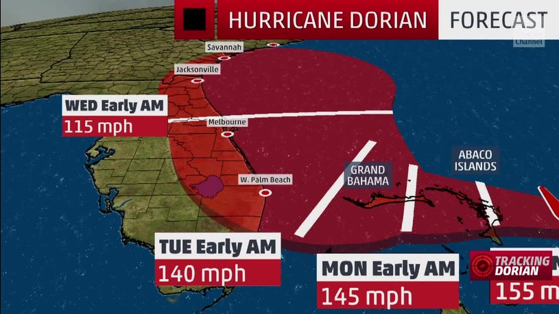 Hurricane Dorian strengthens to a catastrophic Category 5, 160 MPH winds takes aim at Bahamas