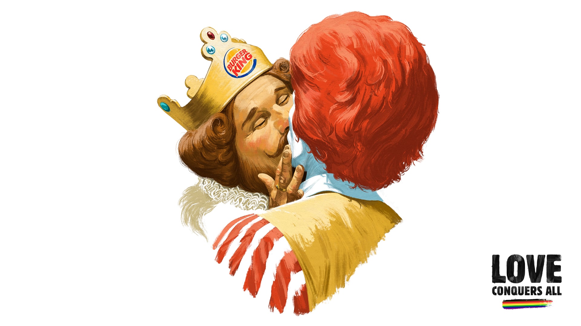 Mcdonalds Vs Burger King Werbung Ronald McDonald and Burger King Mascot Share Kiss in 'Love Conquers All' Ad