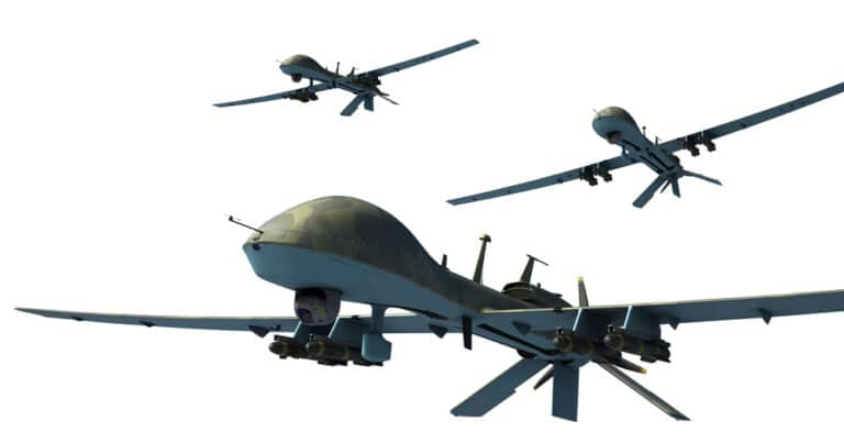 Three,Military,Surveillance,Drones,Armed,With,Hellfire,Missiles.,Yellow ...