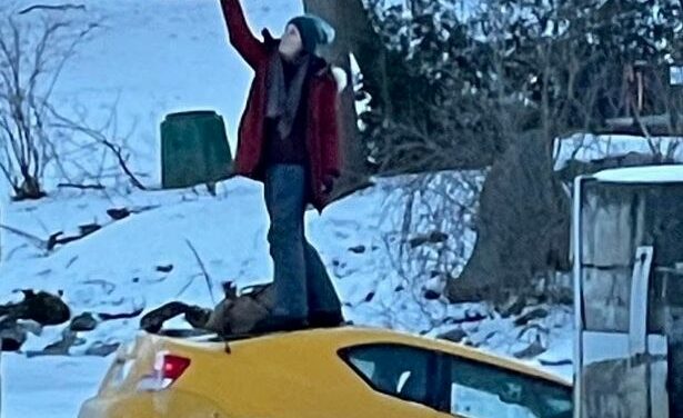 Driver stops to take selfie on sinking car after crashing through ice on frozen river