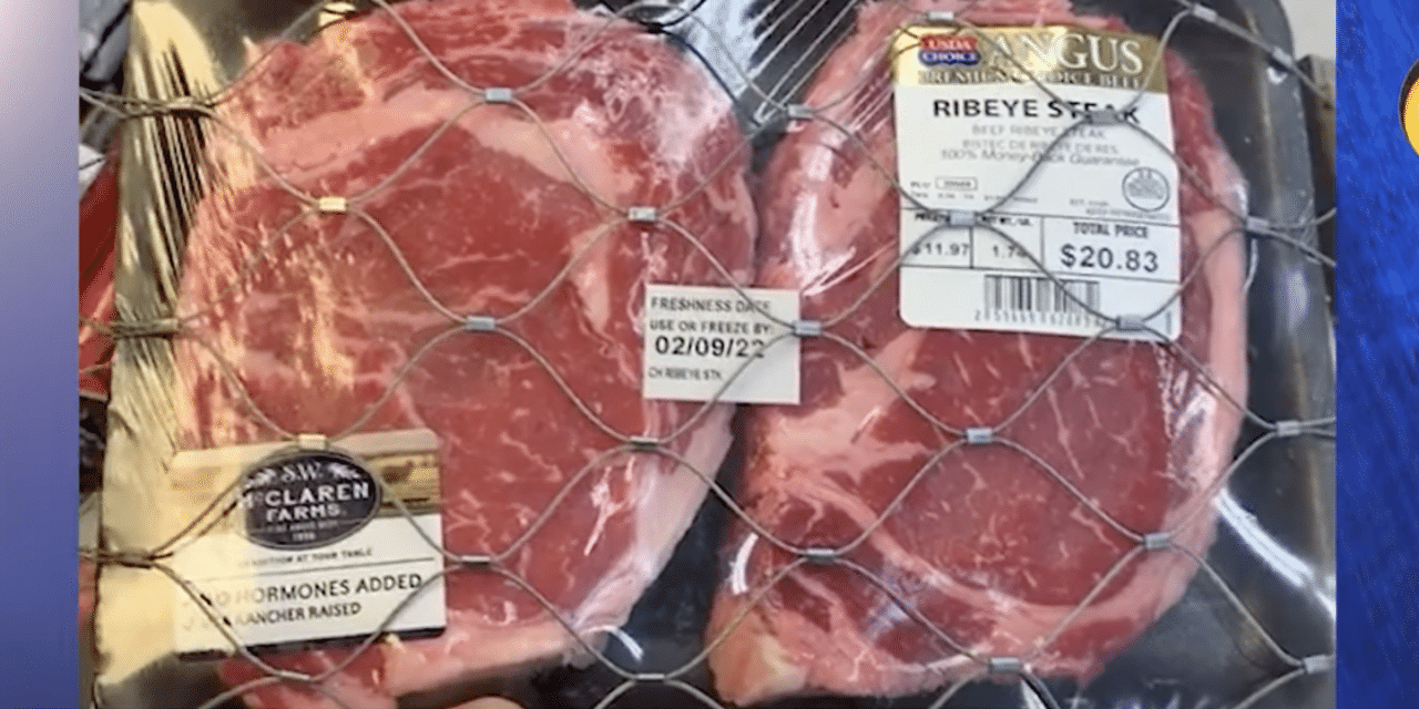 (WATCH) A Florida Walmart is securing $20 ribeyes with mesh wiring and electronic security tag to prevent theft – as crime soars nationally