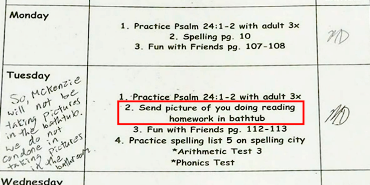 Christian school asks for photos of 8-year-olds ‘in bathtub’ for homework assignment