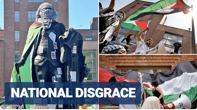 Tribute to George Washington defaced with Palestinian flag as violence rattles campuses