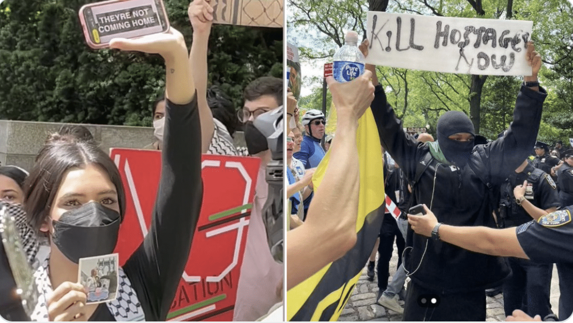 Masked Protestors Hold ‘Kill Hostages Now’ and ‘They’re Not Coming Home’ Messages at Solemn NYC Israel Day Parade As Families of Captives March