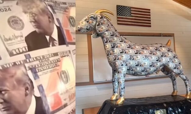 Mar-a-Lago goat idol covered in hundred dollar bills saying in “Trump We Trust” sparks outrage from Christians